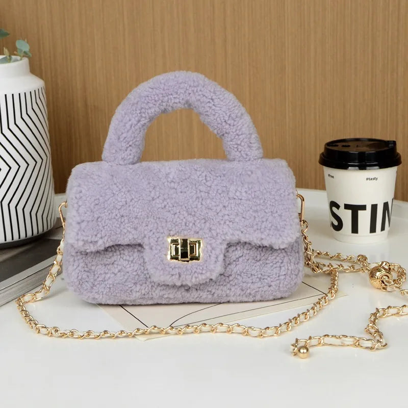 Lamb Fur Women’s Small Handbag – Soft Plush Chain Shoulder Bag & Fluffy Everyday Clutch
