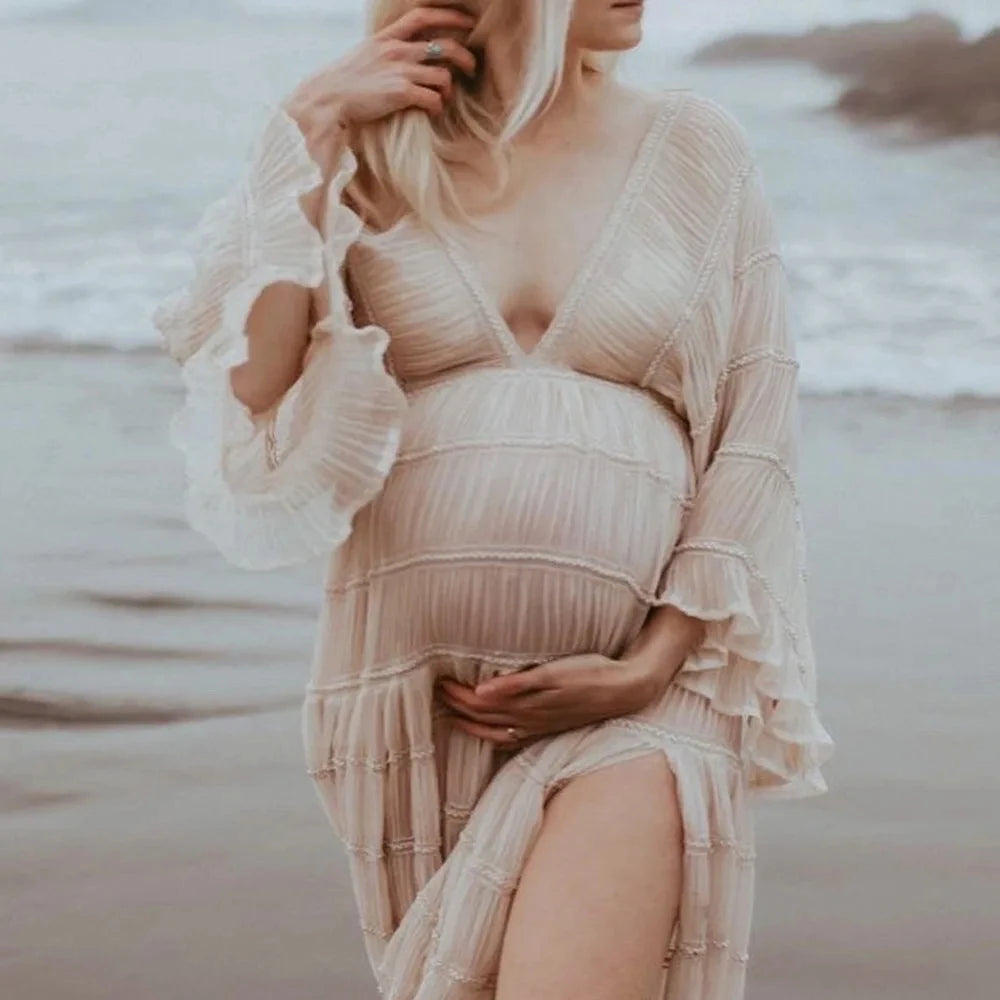 Pleated Chiffon Boho Maternity Photoshoot Dress – Maxi Baby Shower Gown for Pregnant Women | Photography Prop Dress