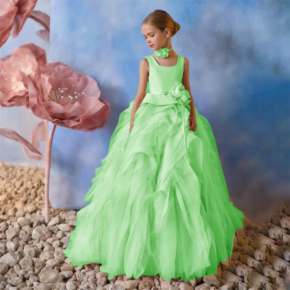 Flower Pleat Square Neck Sleeveless Communion Dress For Girl Floor Length Luxury Summer Sweep Train Wedding Party Gown New 2025