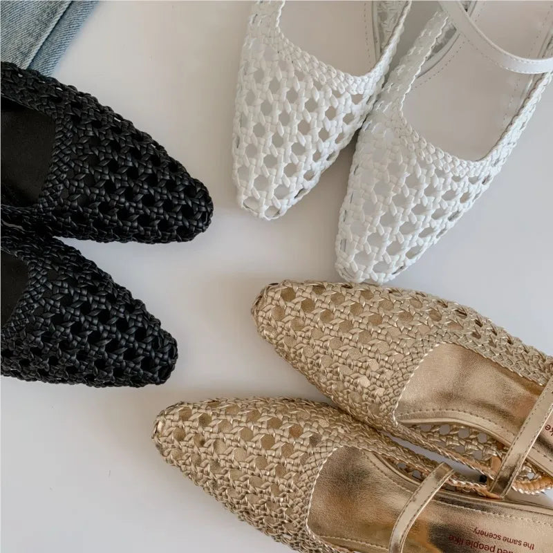 2025 Braided Slipper Women Covered Pointed Toe Buckle Up Mules Female Med Chunky Heels Daily Outdoor Breathable Slides