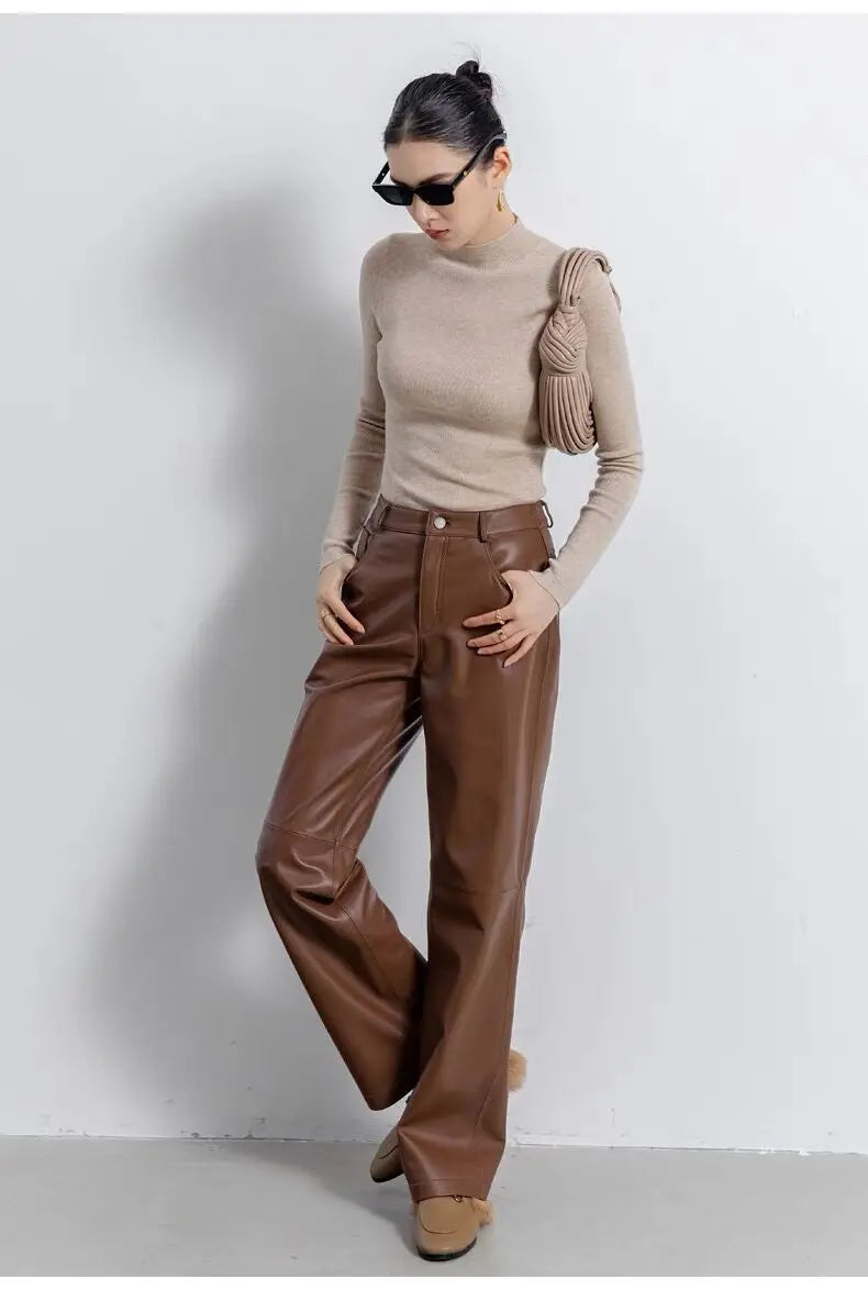 Leather Long Pants Women New Commuter Waist Slim Sheepskin Wide Leg Full Length Straight Cylinder Trousers