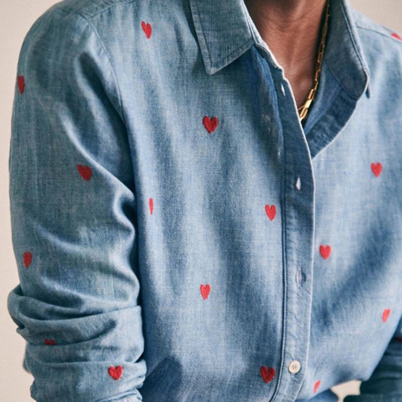 Women's Heart Embroidery Blouse - Turn-Down Collar, Single-Breasted, Fresh Long Sleeve Denim Shirt for Valentine's Day