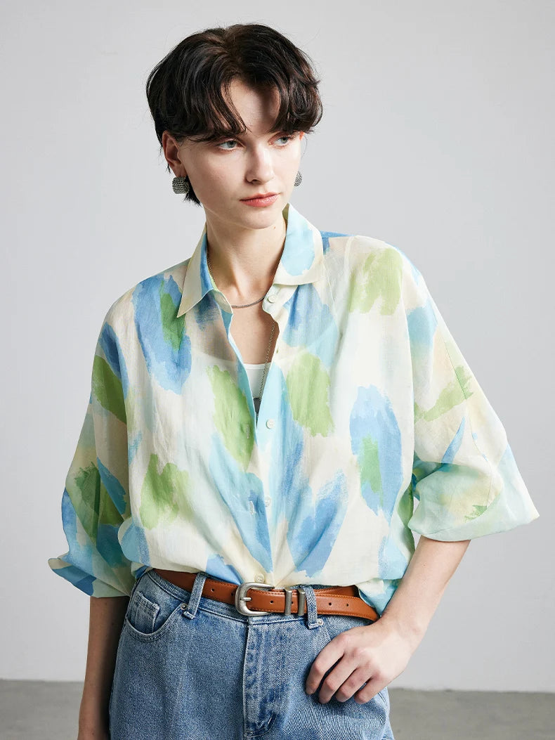 100% Ramie Floral Blouse  -  Pink Turn-Down Collar Shirt