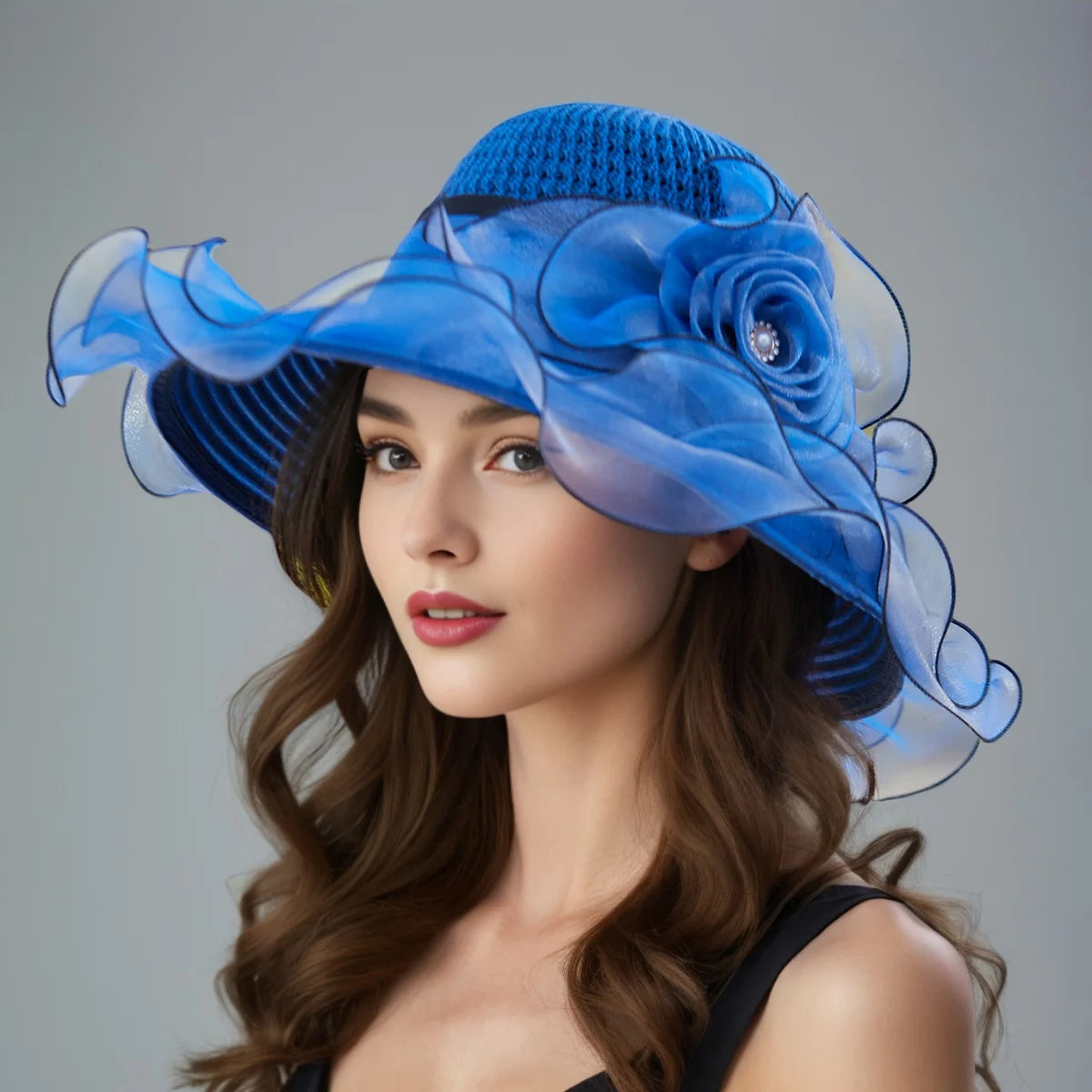 Elegant Women's Summer Sun Hat – Breathable Organdy, Foldable Design, Woven Crown with Flower Decoration