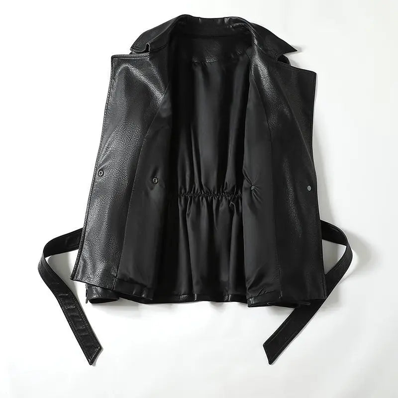 Fashionable Genuine Leather Jacket for Women Waist-Tied Loose Fit Black or Brown – Casual Luxury Outerwear