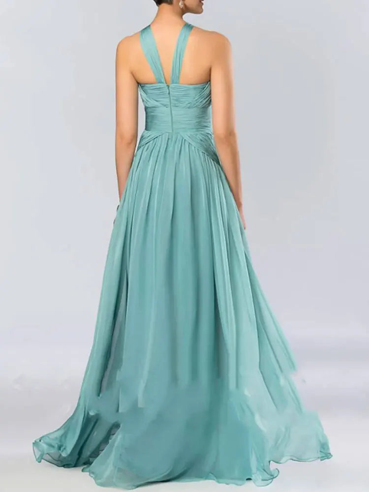 Halter Neck Champagne Bridesmaid Dress – Elegant Chiffon A-Line Floor-Length Gown with Built-in Bra (Customizable)