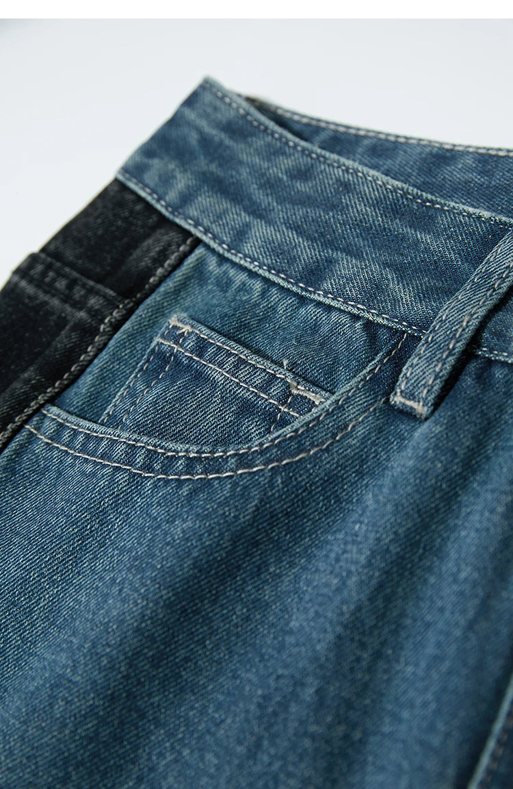 Retro Patchwork Wide-Leg Denim Jeans – Casual Loose Fit Women’s Pants