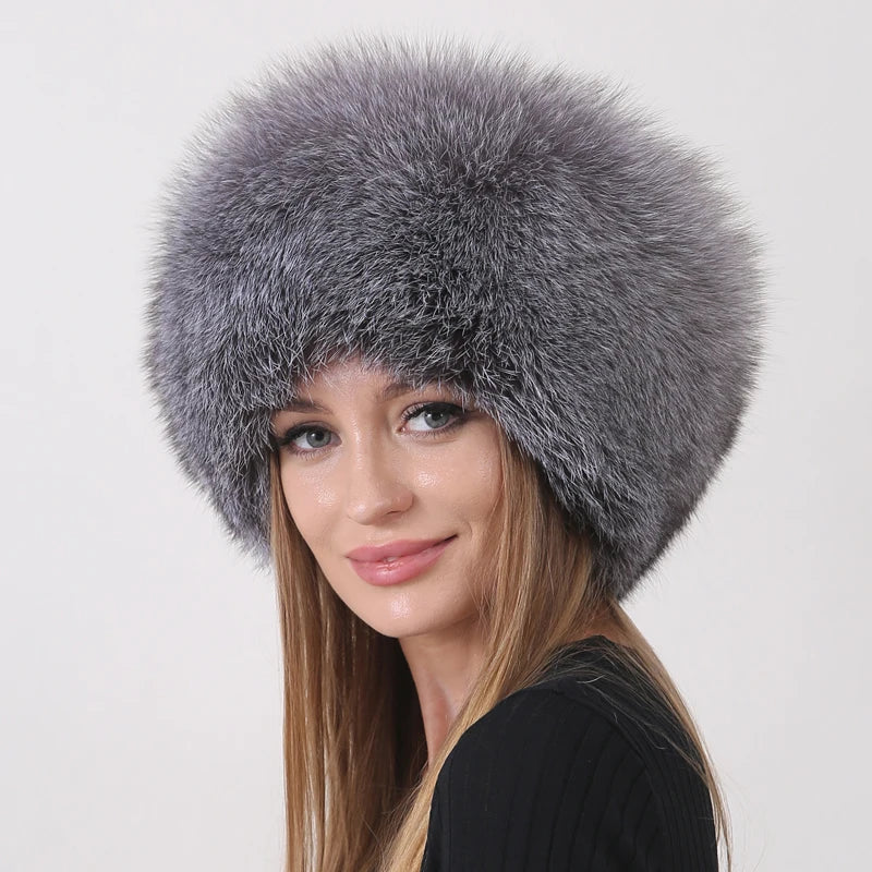 Winter Women's Fluffy Warm Round Hat – Natural Real Fox Fur Bomber Hat