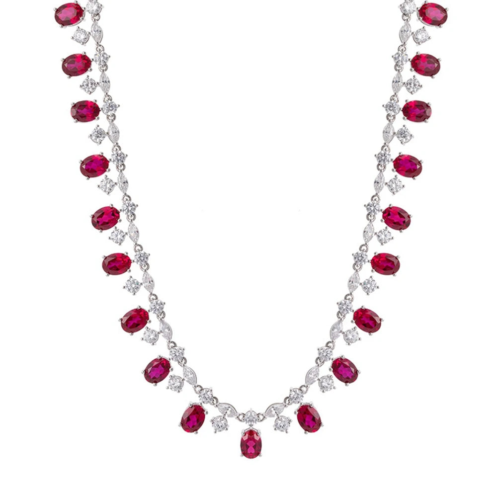Luxury 925 Sterling Silver Oval-Cut Ruby & Moissanite Necklace | 6×8mm Gemstone Pendant for Women | Fine Jewelry Anniversary Gift