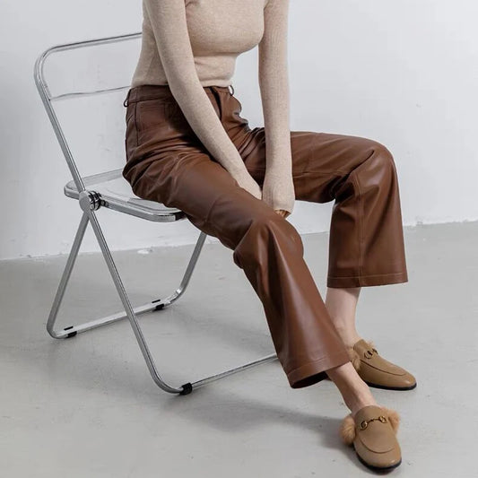 Leather Long Pants Women New Commuter Waist Slim Sheepskin Wide Leg Full Length Straight Cylinder Trousers - HER SHOP