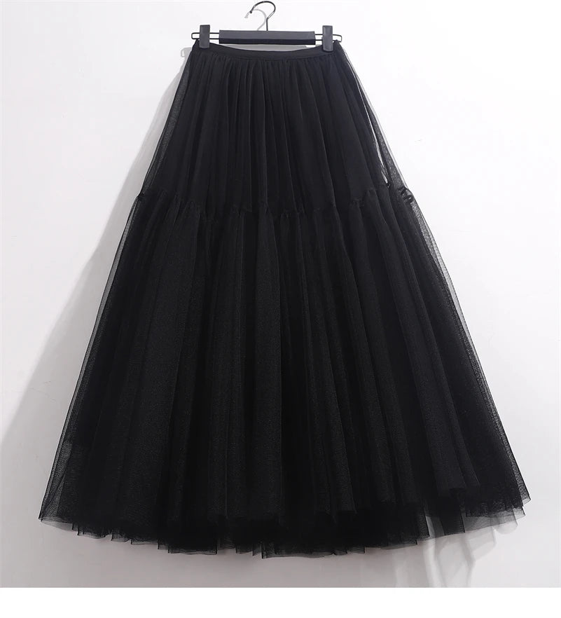 Elegant High Waist Tulle Skirt – Solid Color A-Line Mesh Tutu Skirt for Women