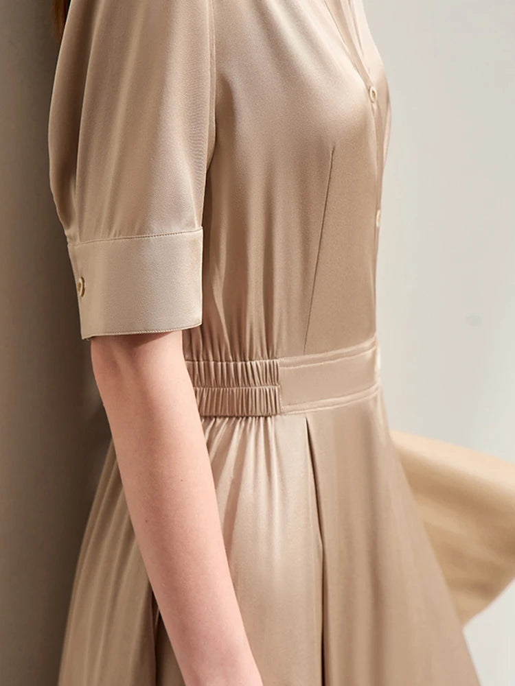 Minimalism Silk Dress for Women – Summer Light Luxury Lapel Half Placket Stretch Long Shirt Dress