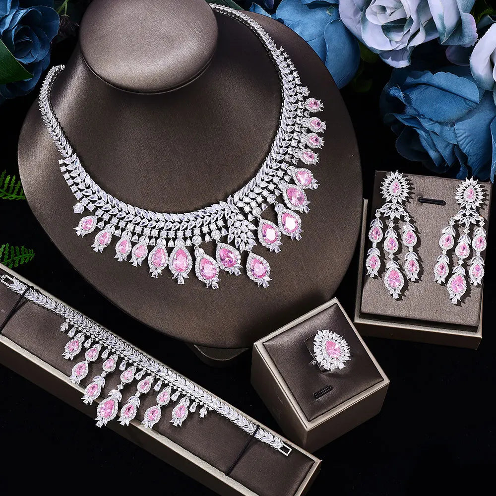 Luxury 4-Piece Bridal Wedding Jewelry Set | 3A Zircon Crystal Necklace Set | Dubai-Inspired Hot Selling Jewelry