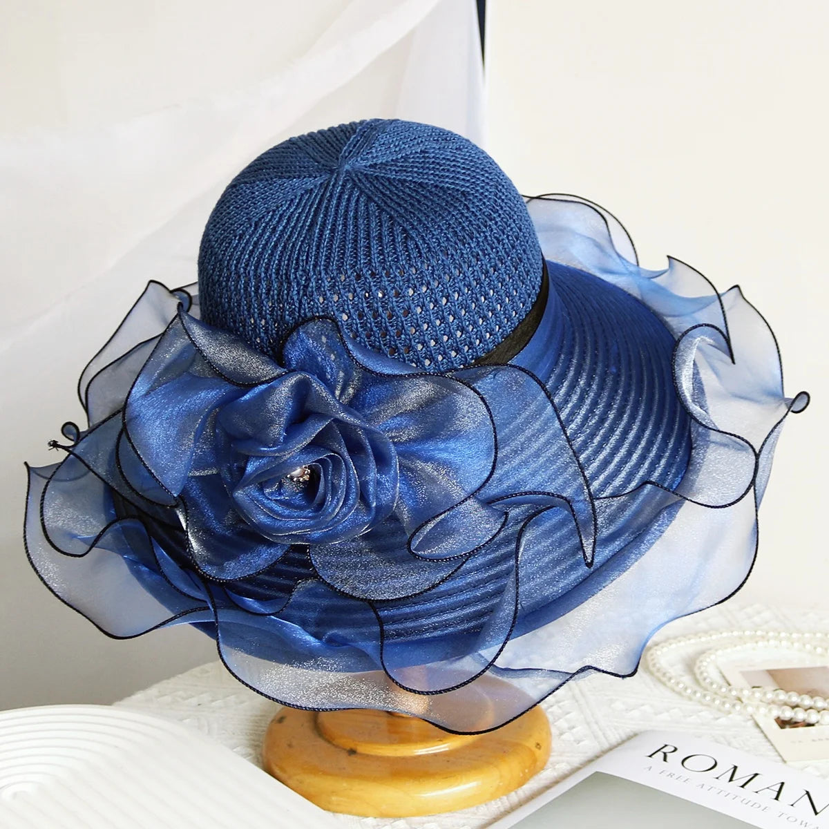 Elegant Women's Summer Sun Hat – Breathable Organdy, Foldable Design, Woven Crown with Flower Decoration