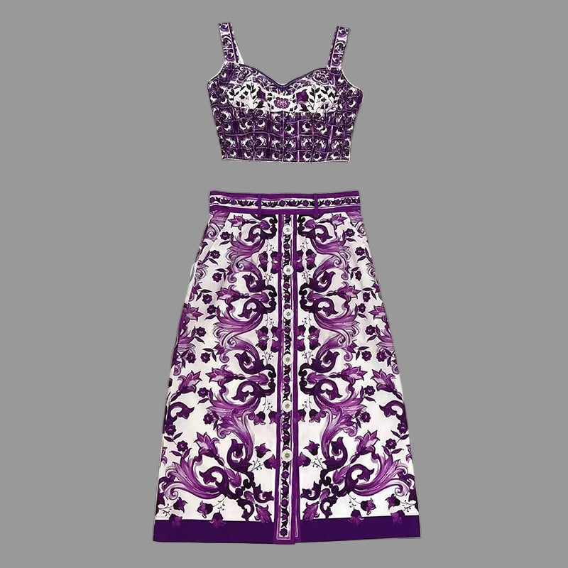 Purple and white patterned top and skirt set on a gray tiled floor with 'Seifermann' branding.