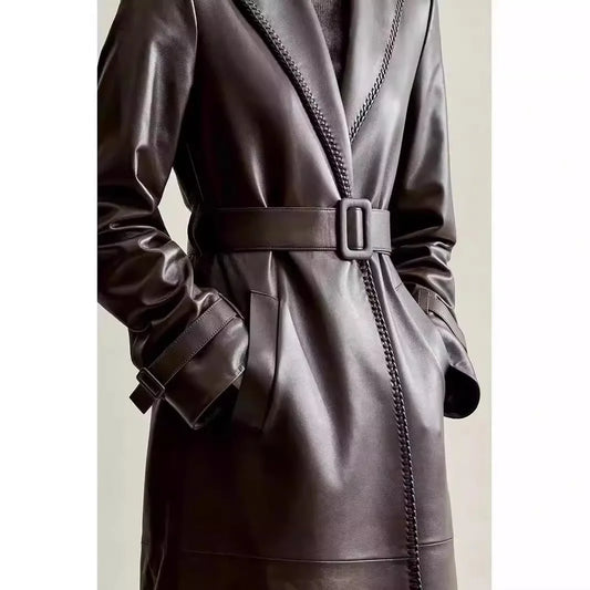 Women's Genuine Leather Trench Coat Lace-Up Long Slim Fit Spring Autumn Sheepskin Top - HER SHOP