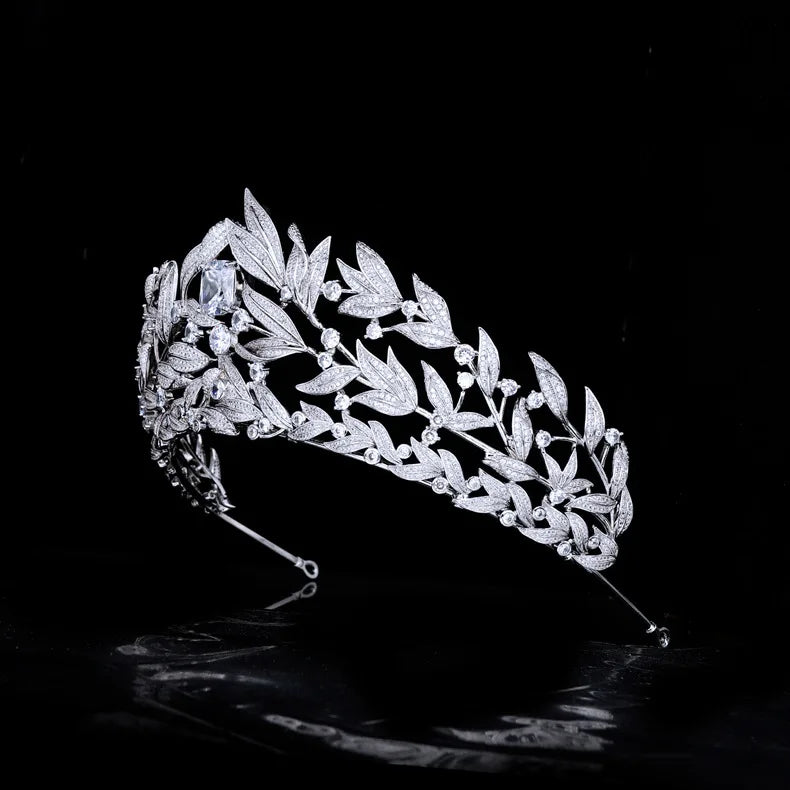 Cubic Zirconia Leaf Tiara  -  Bridal Crown Headband for Brides, Princess or Queen Style Wedding Hair Accessories
