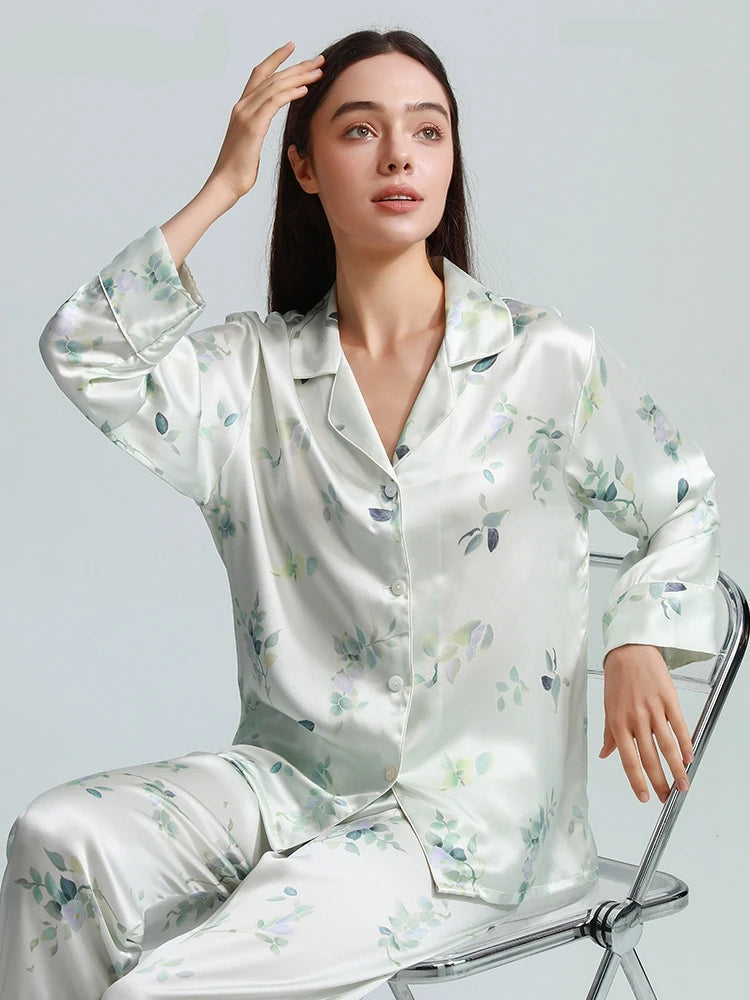 100% Real Silk Women’s Pajama Set – Printed Long-Sleeve Summer Home Suit