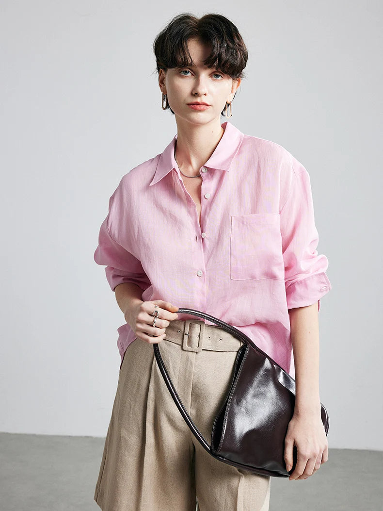 100% Ramie Solid Blouse  -  Women's Loose-Fit Shirt with Turn-Down Collar & Chest Pocket
