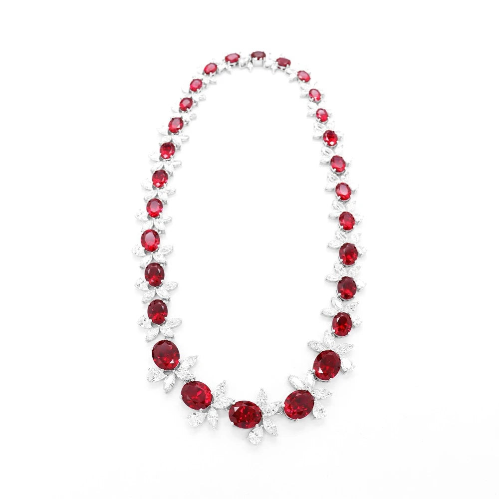 Luxury 925 Sterling Silver Oval-Cut Ruby Necklace | High Carbon Diamond Gemstones | Fine Jewelry for Women | Anniversary Gift