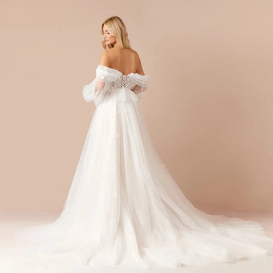 Modern Strapless Ivory Wedding Dress with Lace Off-Shoulder Sleeves and Soft Tulle Court Train - HER SHOP