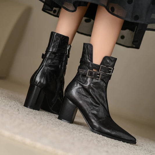 NEW Autumn Women Boots Pointed Toe Chunky Heel Boots Split Leather Shoes for Women Short Modern Boots Winter Belt Buckle Boots - HER SHOP