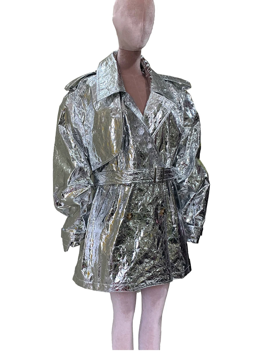 Autumn Oversized Shiny Silver Trench Coat for Women Belt Double Breasted European Fashion Emo Clothes Y2K Streetwear