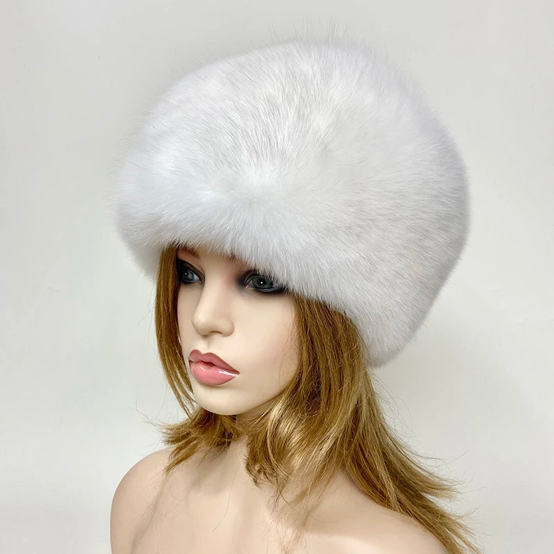 Winter Women's Fluffy Warm Round Hat – Natural Real Fox Fur Bomber Hat