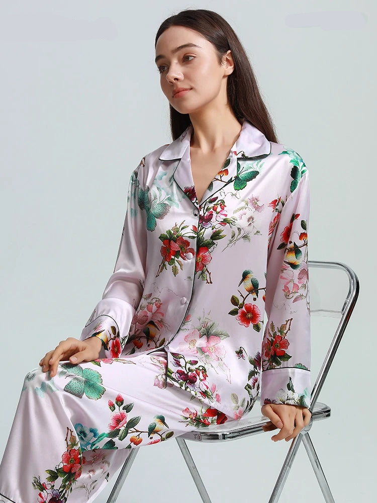 100% Real Silk Women’s Pajama Set – Printed Long-Sleeve Summer Home Suit