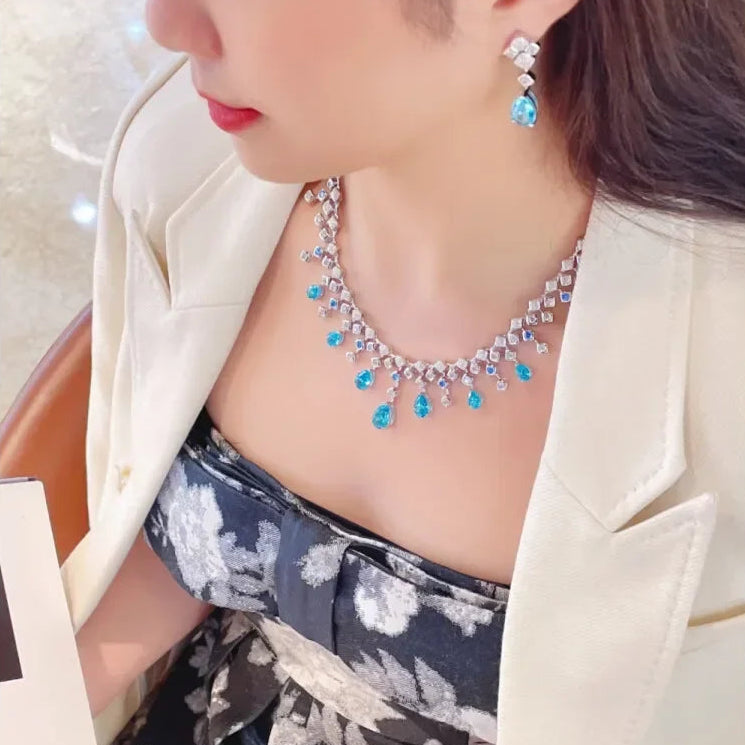 Fashion aquamarine 925 Sterling Silver Water Drop Necklace Cultivate Sapphire Blue Necklace Pendants Plated Gold Necklace