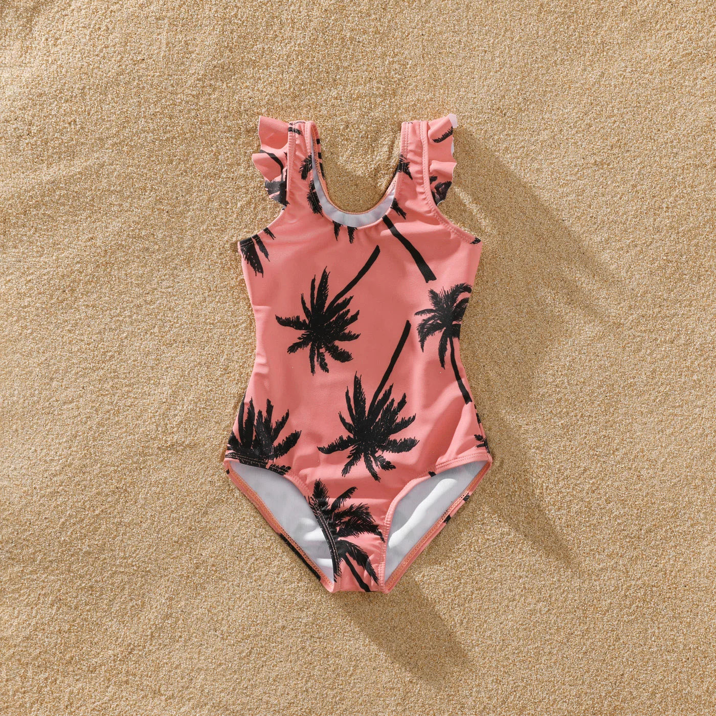 Family Matching Coconut Tree Print Swimwear – Pink Swim Trunks & Spaghetti Strap One-Piece Swimsuit