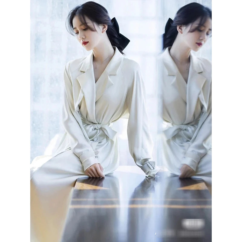 Effortless Chic Gloss 100% Heavy Silk Satin Champagne Double Breasted Belted Trench Elegant Turn-Collar Long Coat Event Outwear