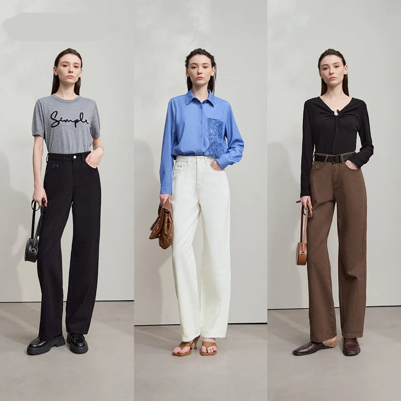 Three women modeling different outfits with a neutral background, featuring the brand 'Amii'.