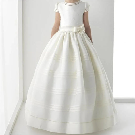Customized Flower Girls Dresses Vintage Ivory Satin Pearls Top With Bow For Wedding Birthday Party Princess Baptism Gowns - HER SHOP®