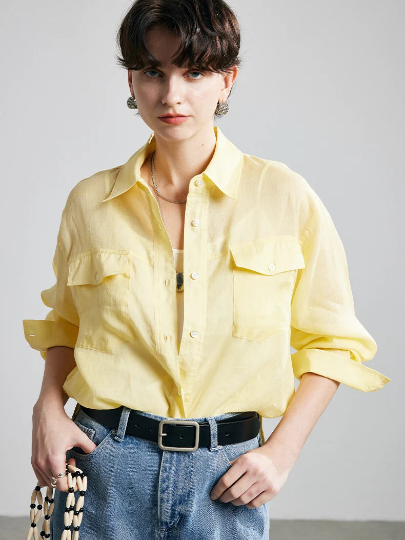 100% Ramie Loose-Fit Blouse  -  Women's Turn-Down Collar Shirt with Double Chest Pockets