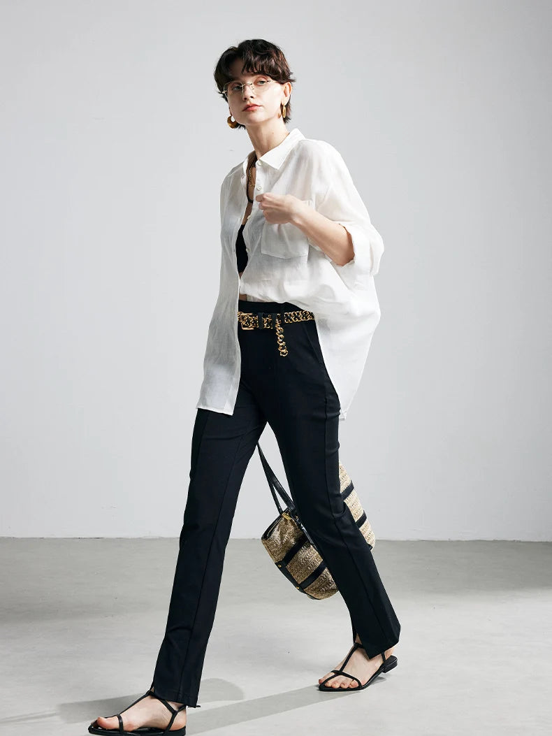 100% Ramie Solid Blouse  -  Women's Loose-Fit Shirt with Turn-Down Collar & Chest Pocket