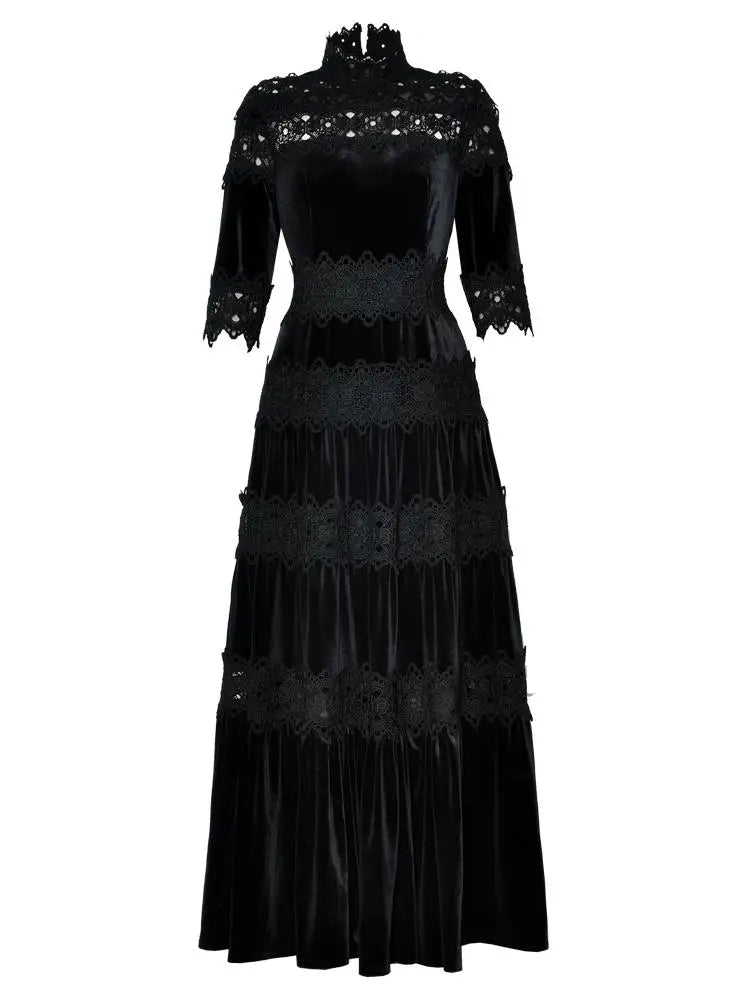 Vertical Collar Lady's Long Dress 2025 Spring And Autumn Hollow Out Stitching Lace Large Hem Women's X-Long Velvet Dresses