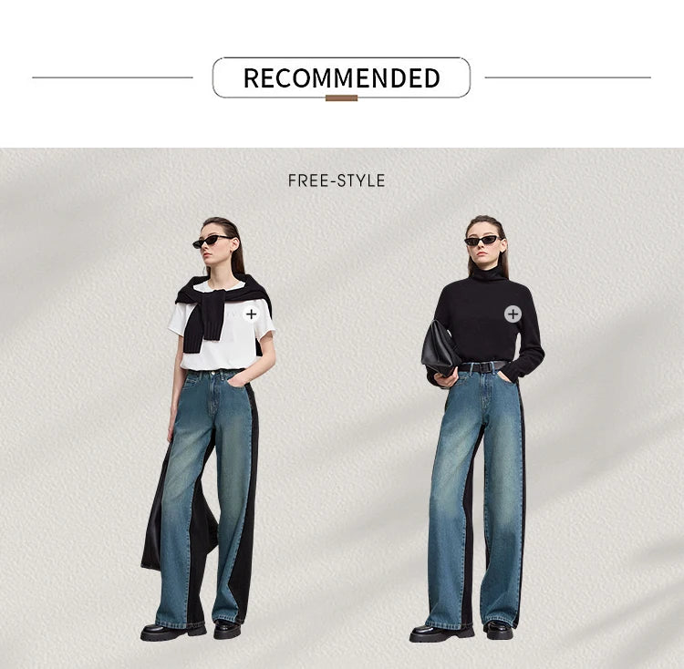 Retro Patchwork Wide-Leg Denim Jeans – Casual Loose Fit Women’s Pants