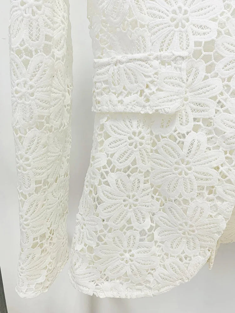 HIGH STREET Newest Designer Runway Suit Set Women's Single Button Guipure Lace Blazer Pencil Pants Suit 2pcs