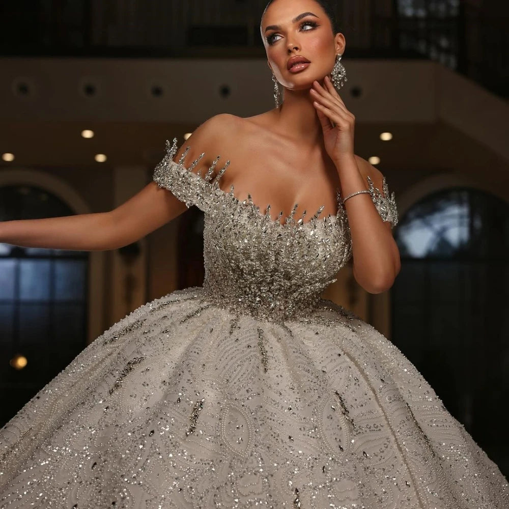 Exquisite Off-the-Shoulder Beaded Wedding Dress with Shiny Rhinestones Custom Lace-Up Ball Gown for Brides