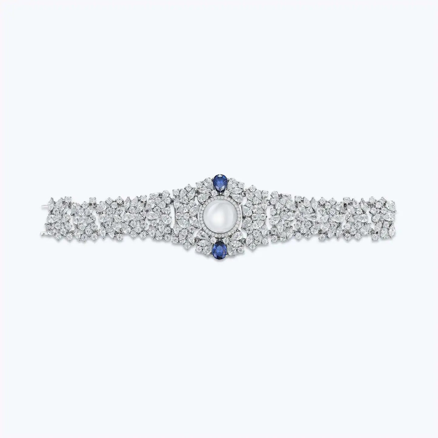 Luxury silver ring with pearl and sapphires, featuring wuha brand logo.