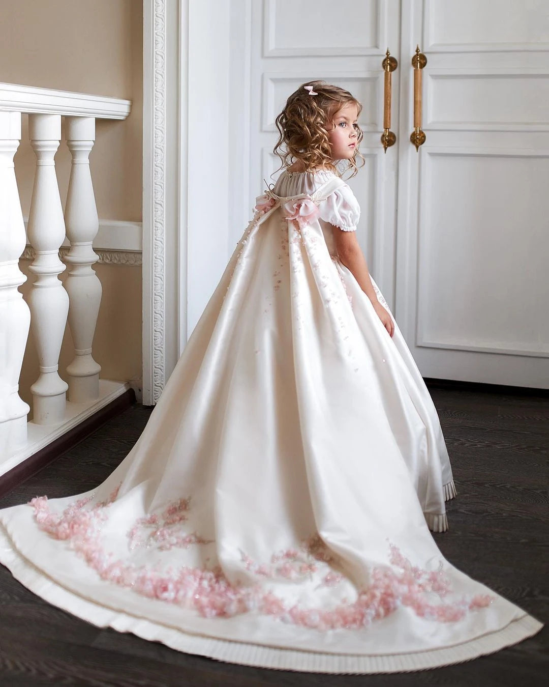 Customized Communion Ceremony Dress Boutique Girl Kid Cape Sleeve Satin with Detachable Skirt Ball Gown Formal Party