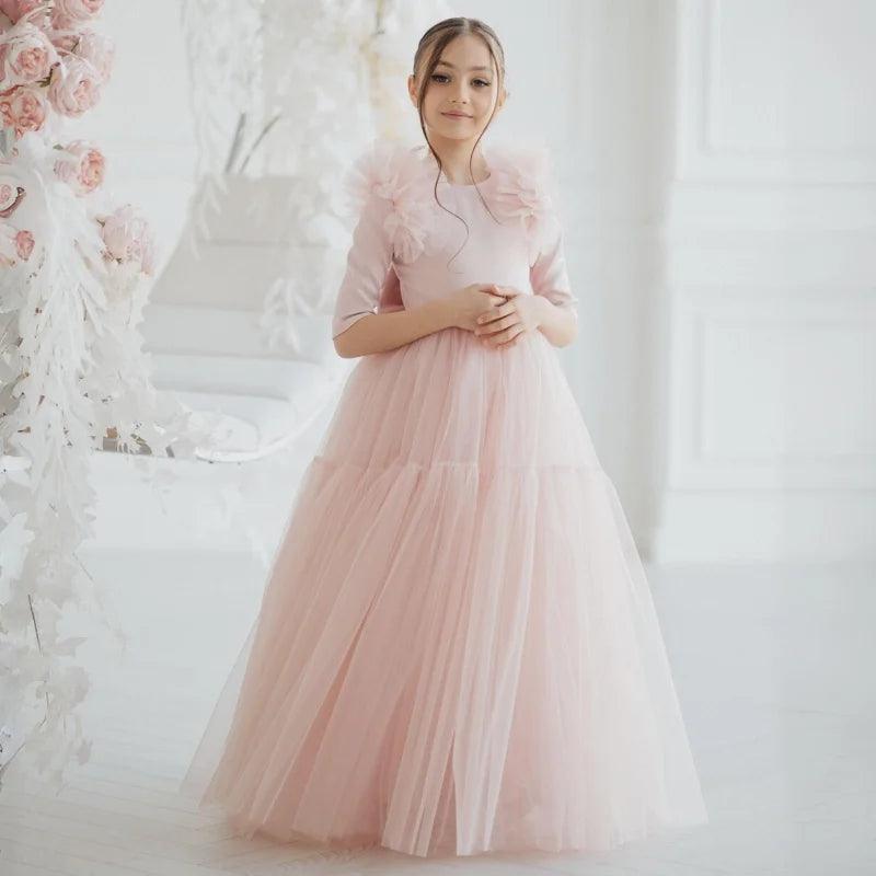Light Pink Flower Girl Dresses Tulle With Bow Half Sleeve For Wedding Birthday Party Banquet Princess Gowns