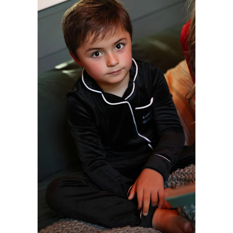 Ali Plus AW25 Grandfather Pjs Black And Red Ribbed Velour Brother And Sister Matches Clothing