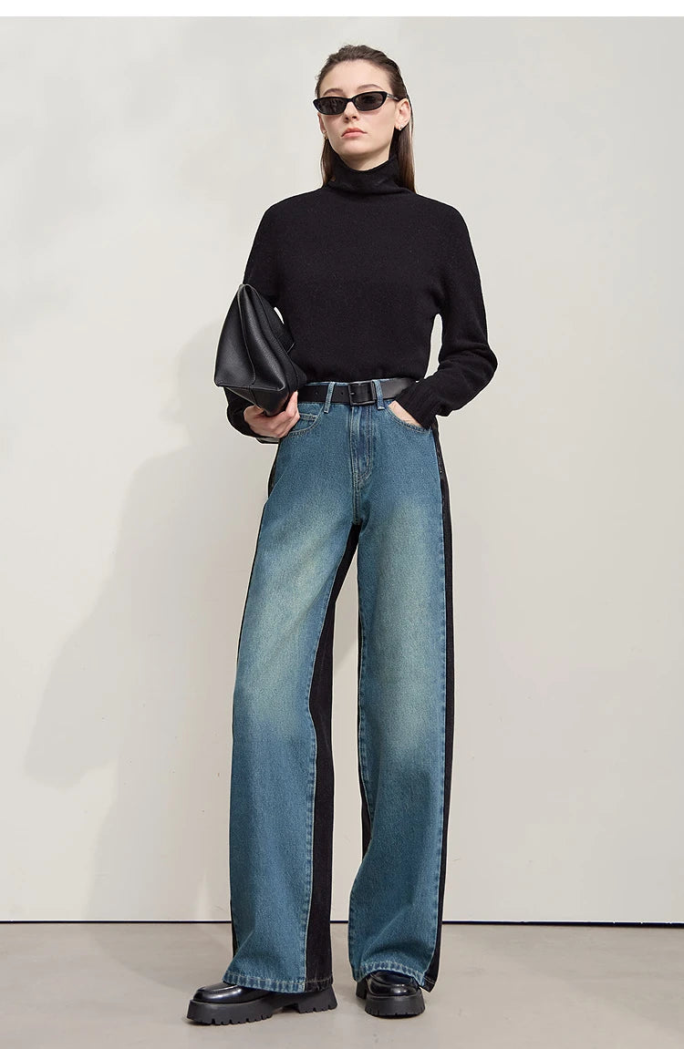 Retro Patchwork Wide-Leg Denim Jeans – Casual Loose Fit Women’s Pants