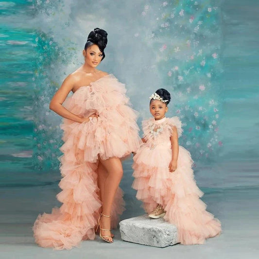 Classic Puffy Strapless Hi Low Tulle Dresses For Mother and Daughter Tiered Ruffled Pleated Long Dress Women Photo Shoot - HER SHOP®