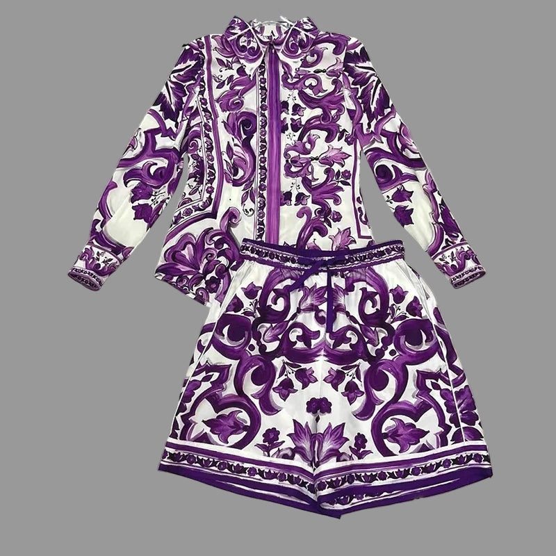Purple and white patterned outfit on a marble surface with 'Seifrmann' branding.