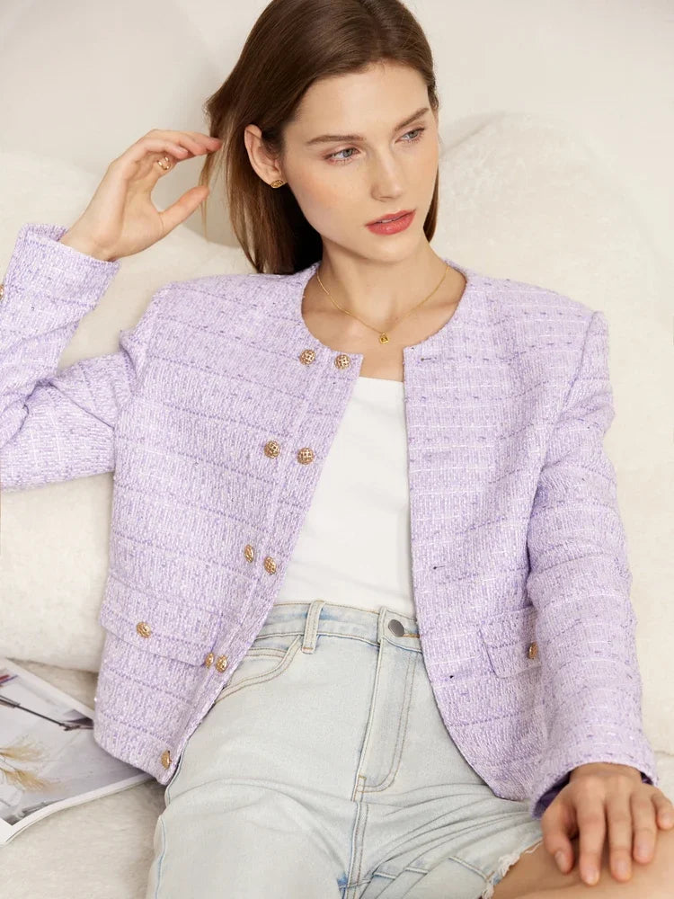 Minimalist Women's Jacket - Spring Collection, Elegant Round Neck, Straight Shoulder, Light Tuxedo-Style Short Coat