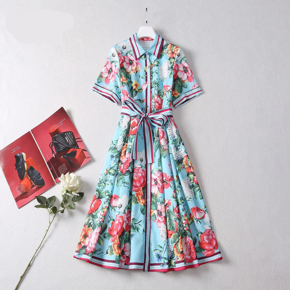 Women's Summer Floral Shirt Dress  -  2025 Runway-Inspired Midi with Lace-Up Waist | Casual Chic Short Sleeve Vestido
