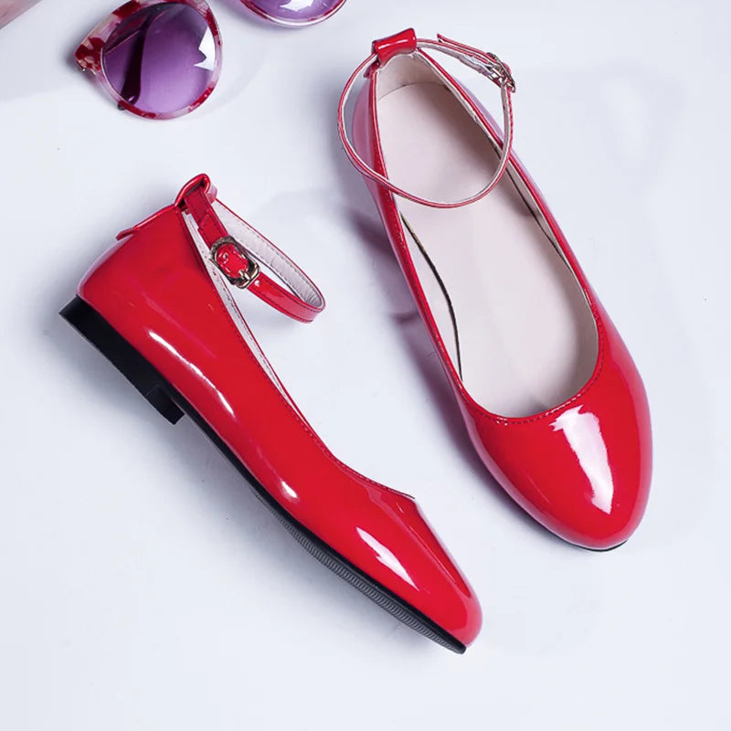 Spring Women's Flat Loafers  -  Casual Elegant Shoes with Ankle Straps, Red, Pink, White Footwear, Perfect for Daily Wear and Dance